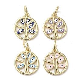 Brass Enamel Charms, with Jump Ring, Real 18K Gold Plated, Flat Round with Tree & Evil Eye Charm