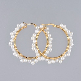 Beaded Hoop Earrings, with Glass Pearl Beads, Golden Plated 304 Stainless Steel Hoop Earrings Findings and Copper Wire, Ring