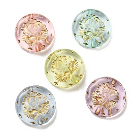 Plating Transparent Acrylic Beads, Golden Metal Enlaced, Flat Round with Flower