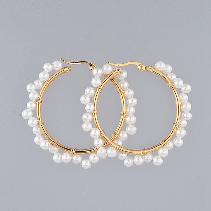 Boucles d'oreilles en perles, avec perles nacrées en verre, plaqué or 304 apprêts de boucles d'oreilles créoles en acier inoxydable et fil de cuivre, anneau