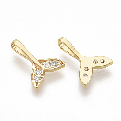 Brass Micro Pave Cubic Zirconia Pendants, Real 18K Gold Plated, Whale Tail Shape