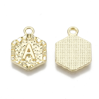 Alloy Pendants, Cadmium Free & Nickel Free & Lead Free, Hexagon with Alphabet, Real 18K Gold Plated