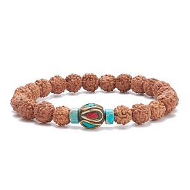 Bracelet perles mala, Bracelet extensible en perles de rudraksha naturel et de jaspe impérial et de corail synthétique pour femme