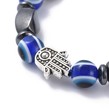 Evil Eye Resin Beads Stretch Bracelets, with Non-Magnetic Synthetic Hematite Beads and Tibetan Style Alloy Beads, Hamsa Hand/Hand of Fatima/Hand of Miriam