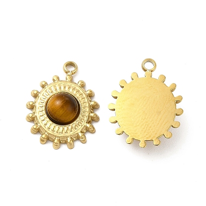 Natural Tiger Eye Pendants, Sun Charms, with Vacuum Plating Real 18K Gold Plated 201 Stainless Steel Findings