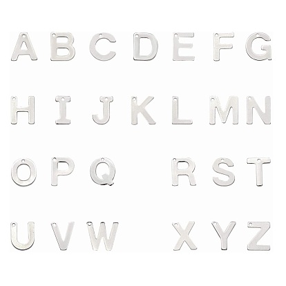 304 encantos alfabeto de acero inoxidable, letra a Z ~, 11~12x5.5~11x0.5~0.8 mm, agujero: 1 mm, 26 PC / sistema