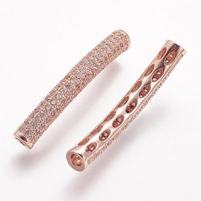 Brass Micro Pave Cubic Zirconia Tube Beads, Tube, Curved, Clear