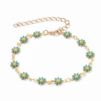 Daisy Link Chain Necklaces & Bracelets Jewelry Sets, with Brass Enamel Links, Curb Extension Chain & Lobster Claw Clasps