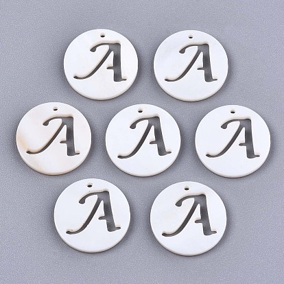 Natural Freshwater Shell Charms, Flat Round with Hollow Out Letter