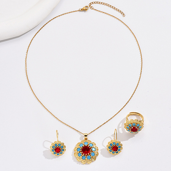 Conjunto de joyas de circonita cúbica con flores para mujer, Pendiente colgante de latón y anillos ajustables y collares colgantes