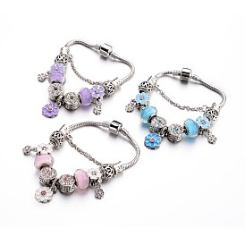 Laiton de mode bracelets européens, avec des perles de verre et perles d'émail en alliage de strass, 190x3mm