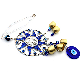 Alloy Enamel Sun Pendant Decorations, with Metal Bell and Blue Evil Eye for Car Hanging Decoration