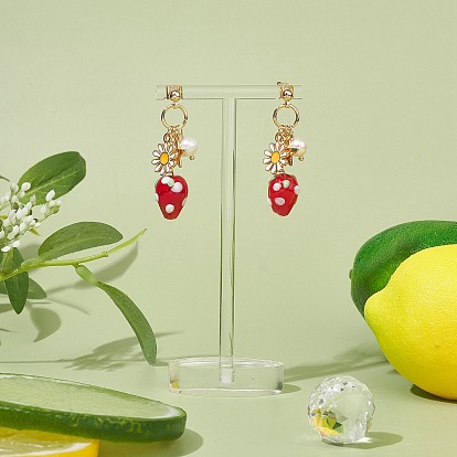 Boucles d'oreilles pendantes en perle naturelle et alliage d'émail fleur et fraise au chalumeau, boucles d'oreilles longues en laiton pour femmes