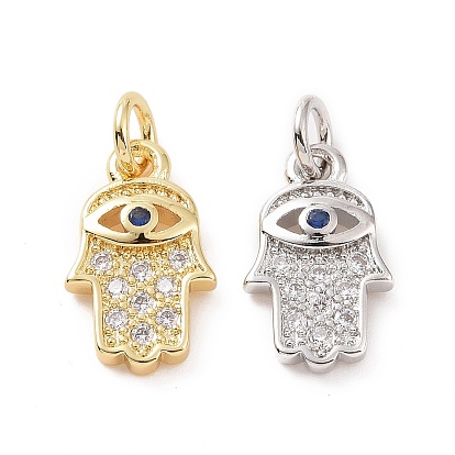 Brass Micro Pave Cubic Zirconia Charms, with Jump Ring, Hamsa Hand with Evil Eye Charm