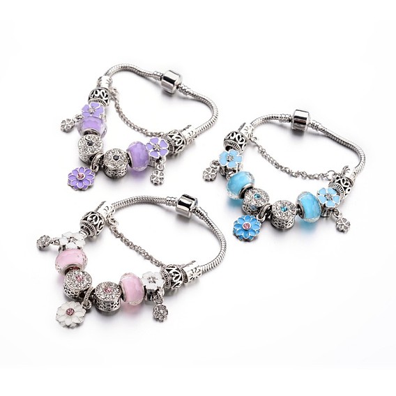 Fashion Brass European Bracelets, with Glass Beads and Alloy Rhinestone Enamel Beads, 190x3mm