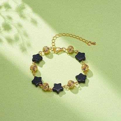 Bracelets à maillons en pierre d'or bleue synthétique étoile, bracelets de perles rondes en alliage de symbole de genre creux pour femmes