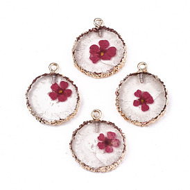 Transparent Clear Epoxy Resin & Dried Flower Pendants, with Edge Light Gold Plated Iron Loops, Flat Round