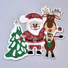 Father Christmas & Christmas Trees & Reindeer Appliques, Computerized Embroidery Cloth Iron on/Sew on Patches, Costume Accessories, for Christmas