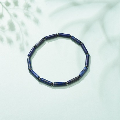 Natural Gemstone Column & Synthetic Hematite Stretch Bracelet, Gemstone Jewelry for Women