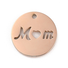Ion Plating(IP) 304 Stainless Steel Pendants, Laser Cut, Flat Round with Word Mom Charm