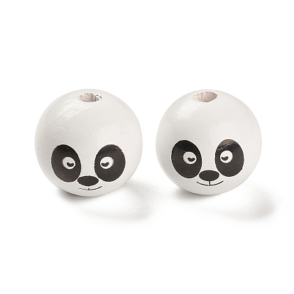 Spray Painted Natural Maple Wood European Beads, Large Hole Beads, Round with Panda