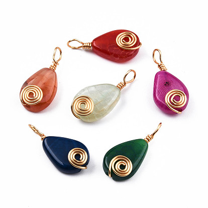 Natural Agate Pendants, with Light Gold Plated Brass Findings, Teardrop Charm, Dyed & Heated