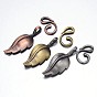 Brass Hook Clasps, For Leather Cord Bracelets Making, Leaf: 33x13x3mm, Hook: 17x10x2mm, Hole: 1mm and 3x3mm