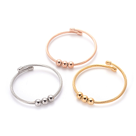 304 Stainless Steel Torque Bangle Sets, Cuff Bangle Sets, with Round Beads