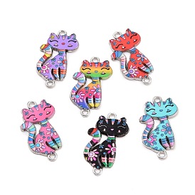 Alloy Enamel Connector Charms, Cat with Flower Pattern