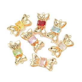 Brass Pave Cubic Zirconia Connector Charms, Real 18K Gold Plated, Bowknot Links