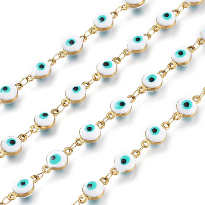Handmade Enamel Link Chains, with 304 Stainless Steel Findings, Soldered, Flat Round with Eye, Golden