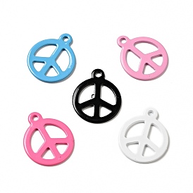 Spray Painted 201 Stainless Steel Pendants, Flat Round with Peace Sign Charm