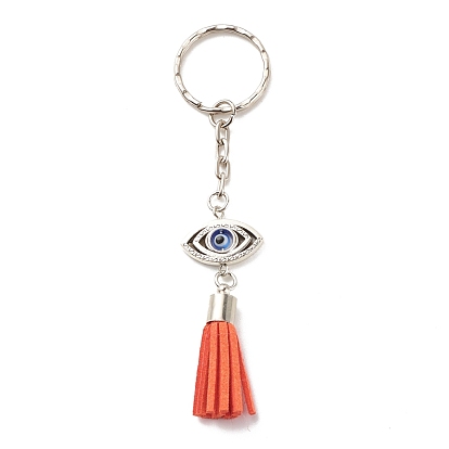 Faux Suede Tassel & Tibetan Style Alloy Pendant Keychain, with Handmade Evil Eye Lampwork and Iron Split Key Rings