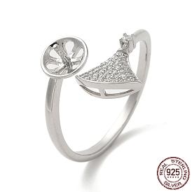 Plaqué rhodium 925 argent sterling micro pavé de zircones cubiques, réglages de bague de manchette ouverte, pour la moitié de perles percées, fan, avec cachet s