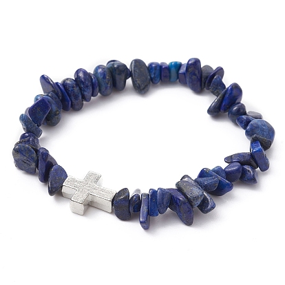 Ensemble de bracelets extensibles en perles de style naturel mélangé avec pierres précieuses, bracelets empilables en alliage croisé