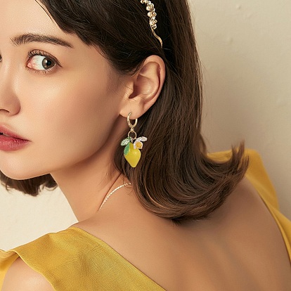 Lemon Resin with Leaf & Imitation Pearl Flower Dangle Leverback Earrings, Brass Jewelry for Women