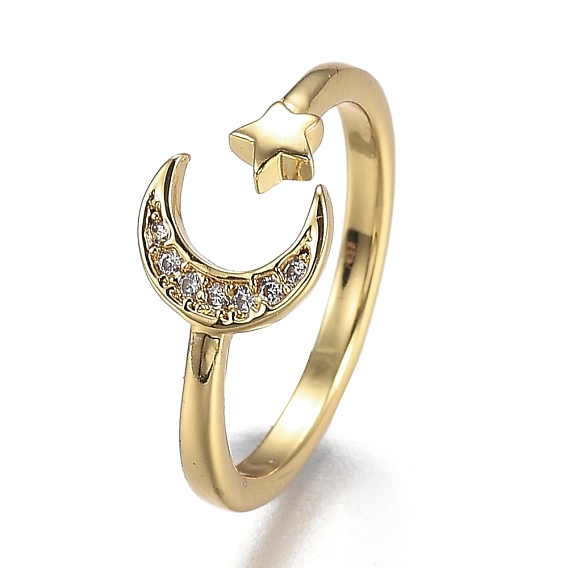 Adjustable Brass Micro Pave Clear Cubic Zirconia Cuff Rings, Open Rings, Long-Lasting Plated, Moon & Star
