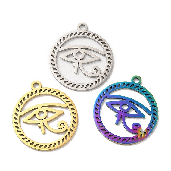 Ion Plating(IP) 304 Stainless Steel Pendants, Flat Round with Eye of Horus Charm