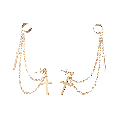 Серьги-гвоздики из латуни с цепочкой и каффом для ушей, 304 серьги-кресты из нержавеющей стали для женщин