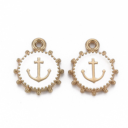 Alloy Enamel Pendants, Light Gold, Cadmium Free & Nickel Free & Lead Free, Flat Round with Anchor