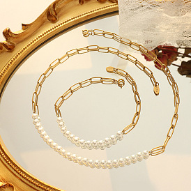 Стильный женский комплект из жемчужного ожерелья и браслета на ключицу из бисера