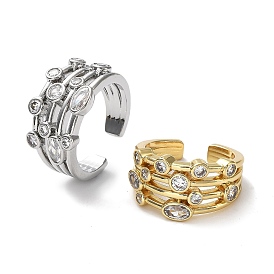 Rack Plating Brass Micro Pave Cubic Zirconia Open Cuff Rings, Oval, Lead Free & Cadmium Free, Long-Lasting Plated