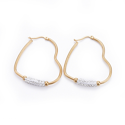 Simple Fashion 304 Stainless Steel Hoop Earrings, with Polymer Clay Rhinestone, Geometrical, Heart