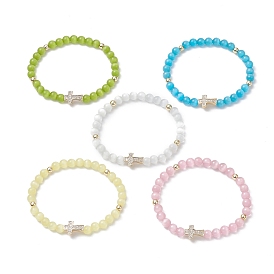 Bracelets en perles d'oeil de chat en verre, bracelet croix en laiton micro pavé de zircone cubique pour femme