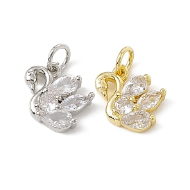Brass Micro Pave Cubic Zirconia Charms, with Jump Rings, Swan Charms