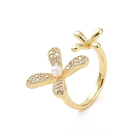 Brass Micro Pave Cubic Zirconia Open Rings, Flower with Plastic Imitation Pearl Cuff Rings for Women