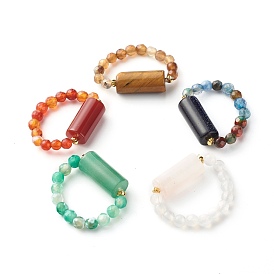 Mixed Stone Beads Finger Ring for Girl Women, Column & Round Faceted Beads Ring
