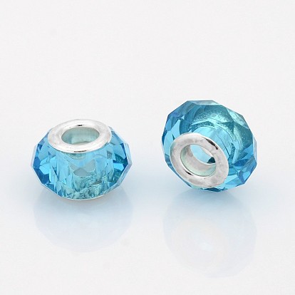 Verre à facettes perles européennes, perles de rondelle avec grand trou , avec noyaux en laiton plaqué couleur argent, 14x9mm, Trou: 5mm