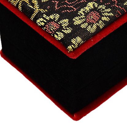 Boîtes à bijoux de chinoiserie brodés boîtes collier pendentif en soie pour emballage cadeaux, carré avec motif de fleurs, 63x63x55mm