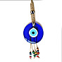 Flat Round with Evil Eye Glass Tassel Pendant Decorations, Braided Hemp Rope Hanging Ornaments, with Random Color Wooden Beads